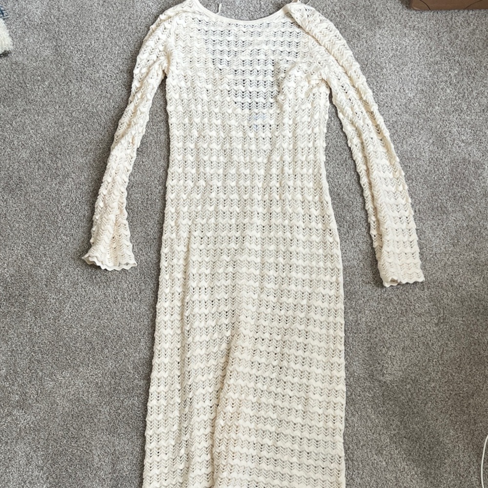 Cream Crochet Long Sleeve Maxi Dress